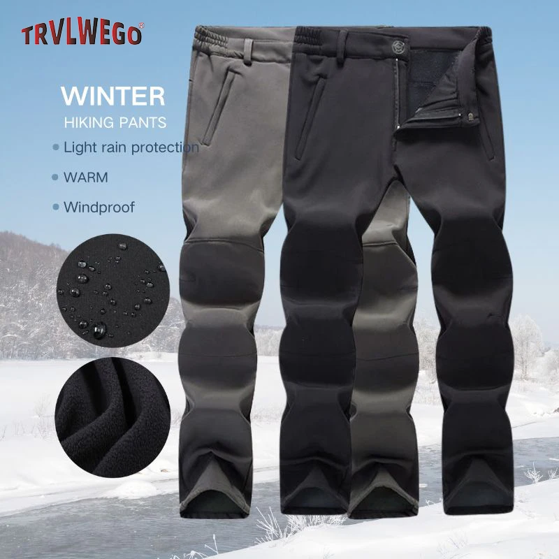 Men's Outdoor Leisure Pants Fleece-Lined Thickened Softshell Cold-Resistant Gear Plush Thermal Inner Windproof Warm Winter