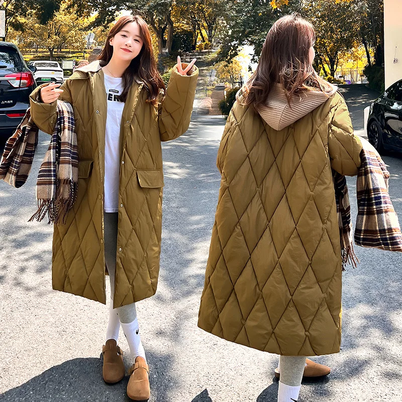 

2024 New Ins Detachable Knitted Hat Doll Collar Diamond Pattern Korean Long Cotton Coat Loosen Fit Thiened Long Sve
