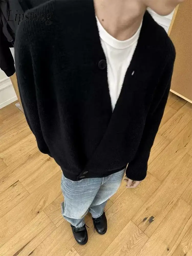 Fashionable Button-up Knitting Long Sleeve Outerwear Mens Fall Winter Knit Cardigan Vintage Solid Color V Collar Coats Men