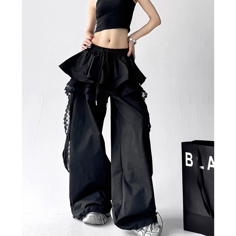 Y2K Black Cargo Pants Women Streetwear Lace Patchwork White Wide Leg Pants Summer Gyaru Harajuku Korean Baggy Trousers New