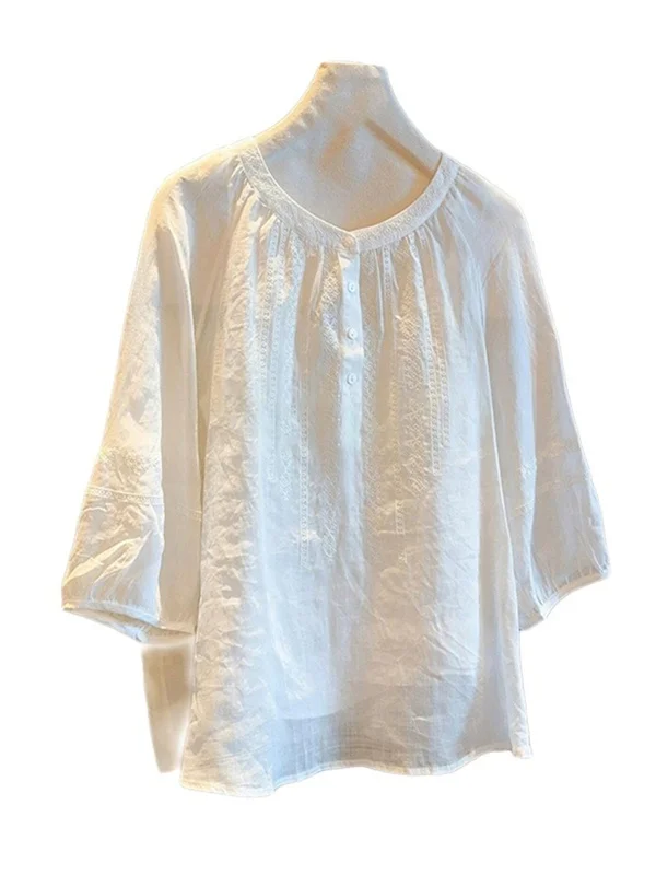 

Retro Linen ort Sve T-irt Women's Summer Casual Loose Fit round Ne Cotton Linen f Sve Top Commute Sle