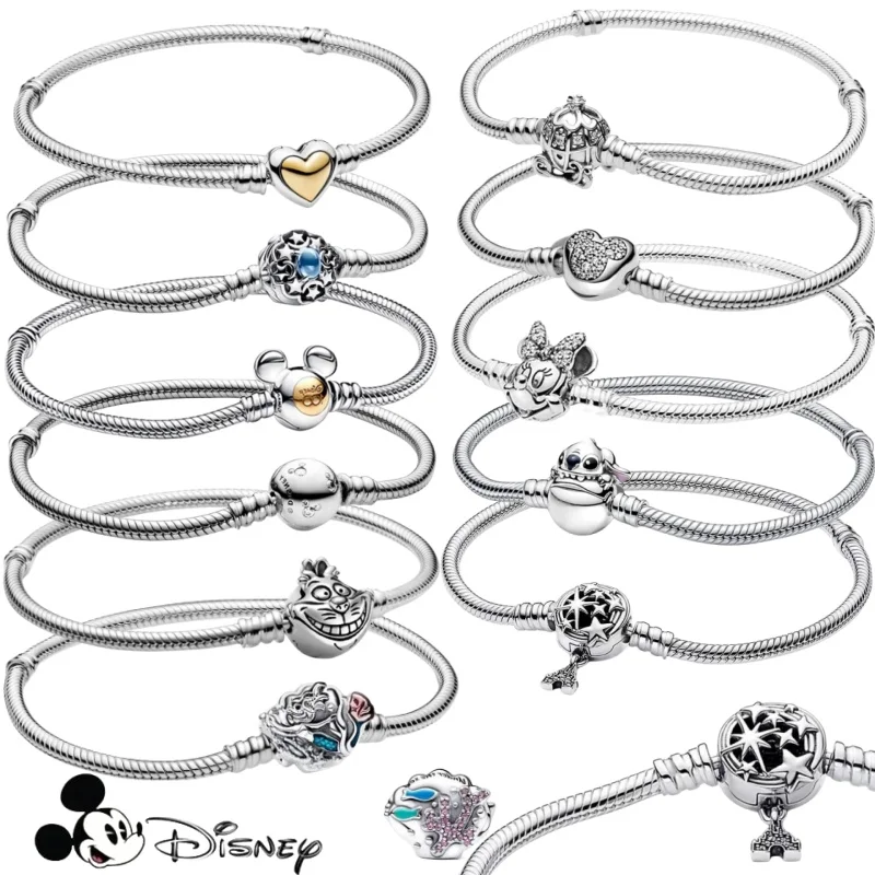 New Disney Moment Shiny Mickey Mouse Heart Shaped Buckle Snake Chain Fits The Original Bracelet Lady DIY Pendant Beads