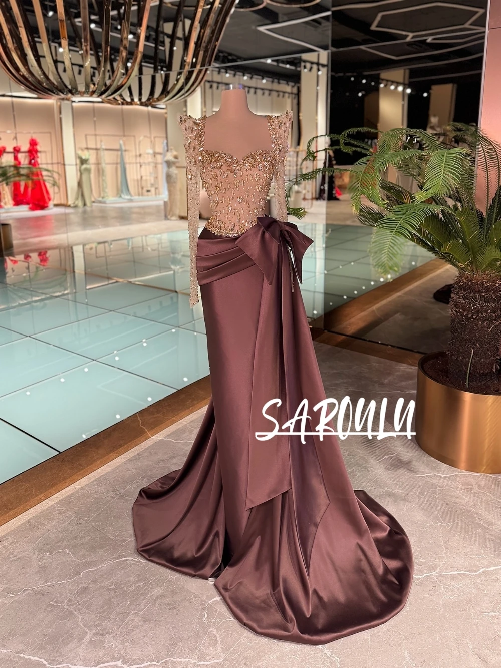 

Sexy Sheer Gold-Embellished Evening Dress Long Sleeved Satin Dainty Mermaid Cocktail Gown With Statement Bow Glamorous Prom Wear