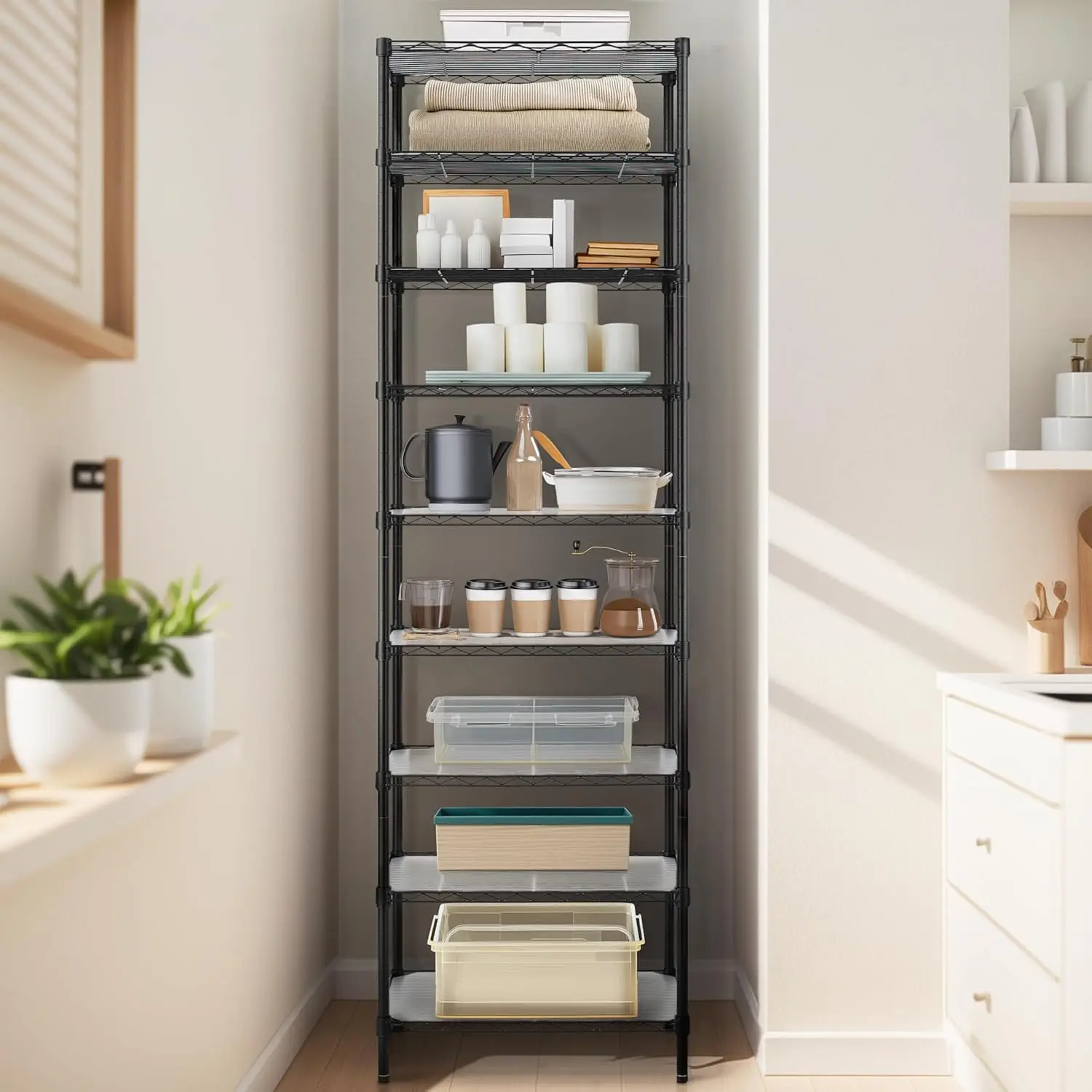 وحدة رفوف سلكية مكونة من 9 طبقات رفوف سلكية فولاذية قابلة للتعديل، ارتفاع 81 بوصة و9 أرفف رف تخزين معدني، جودة البيع الساخن