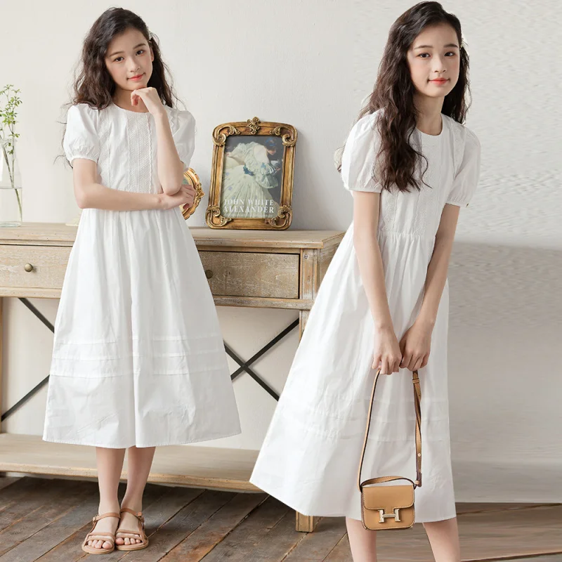 

Girls' Summer Dress, Summer Skirt, Large Children's Clothing, White Puff Sleeve Lace Princess Dress, Short Sleeve Skirt