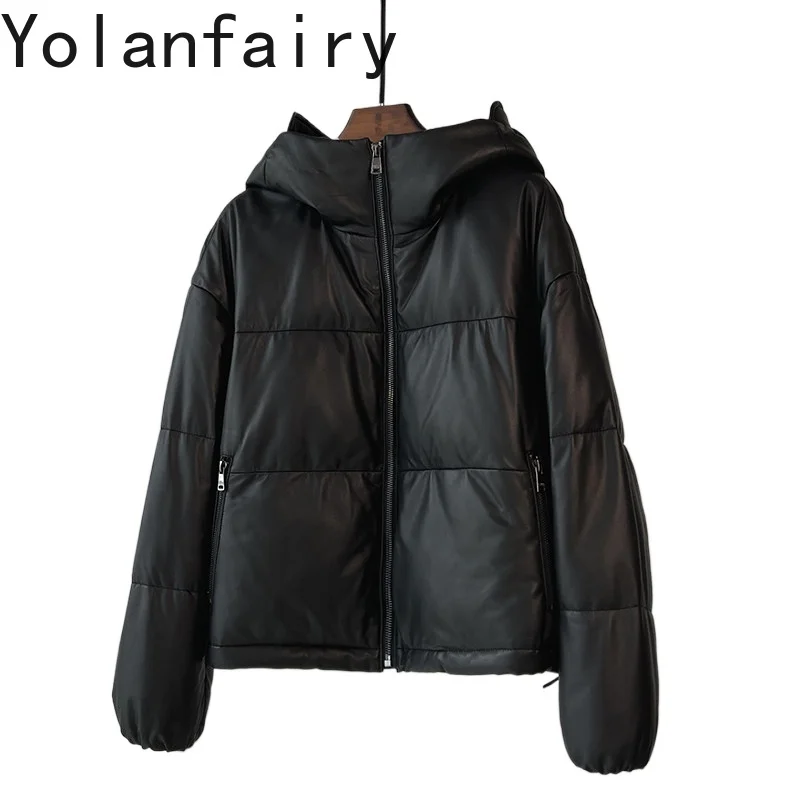 

YOLANFAIRY 100% Genuine Leather Down Jacket Women 2026 New Short Real Sheepskin Coat Hooded Goose Down Jackets Winter Outerwear