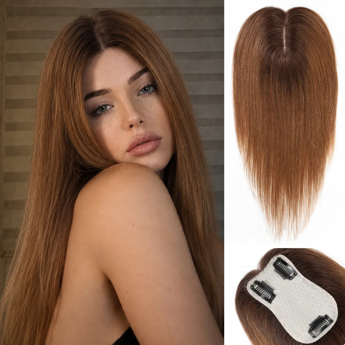 ライトブラウンのオンブレロングストレートヘアトッパー、レミー人毛シルクベース、自然なヘアライン、女性用薄毛隠しクリップインヘアピース