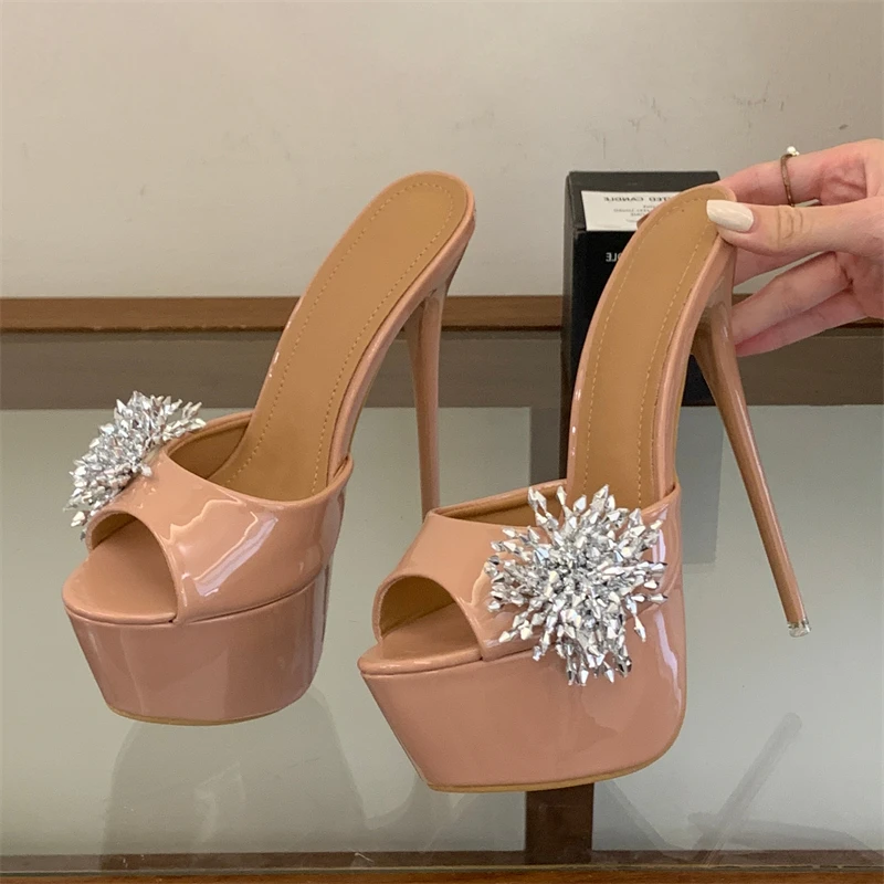 

Aneikeh Women Patent Leather Platform Heels Rhinestone Flower Open Toe Stiletto High Heel Mules Slides Party Nightclub Prom Shoe