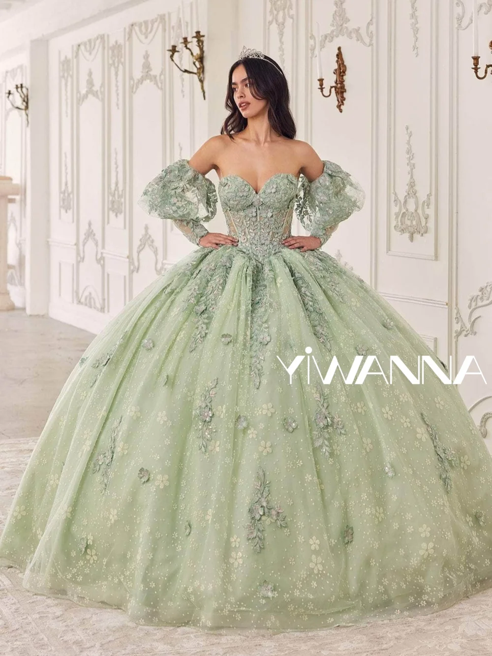 

Элегантное шалфейно-зеленое платье для выпускного вечера с открытыми плечами 2026, бальное платье принцессы с 3D цветочной вышивкой, пышными рукавами и блестками, тюлевое вечернее платье