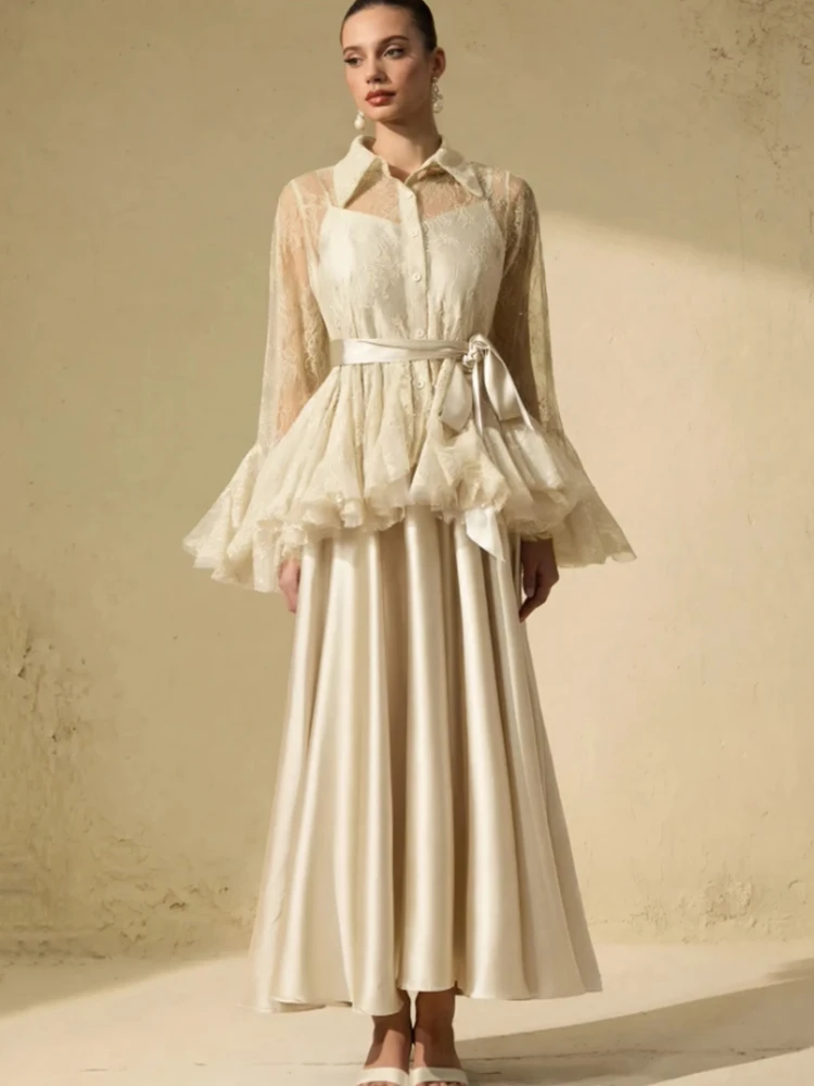 Image of Sexy Lochstickerei-Spitzenhemd mit lockerem, mehrlagigem Saum und Reversband, zweiteiliger Anzug, Frühjahr 2026, Damenkleid + Trägerkleid, modischer Anzug