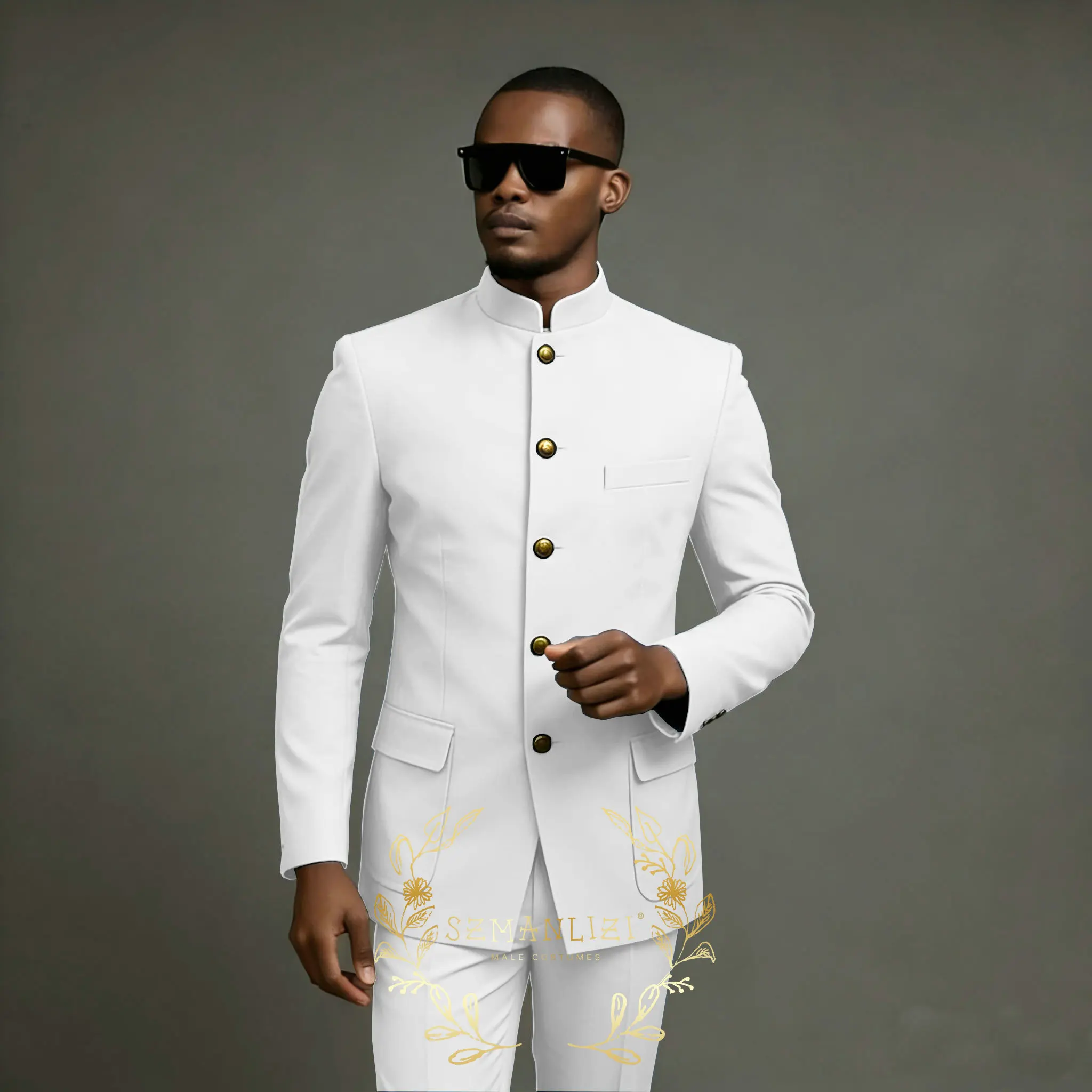 White Men's Suits For Prom Party Single Breasted Stand Collar Slim Fit Male Wedding Clothing Fashion 2 Piece Jacket Pants