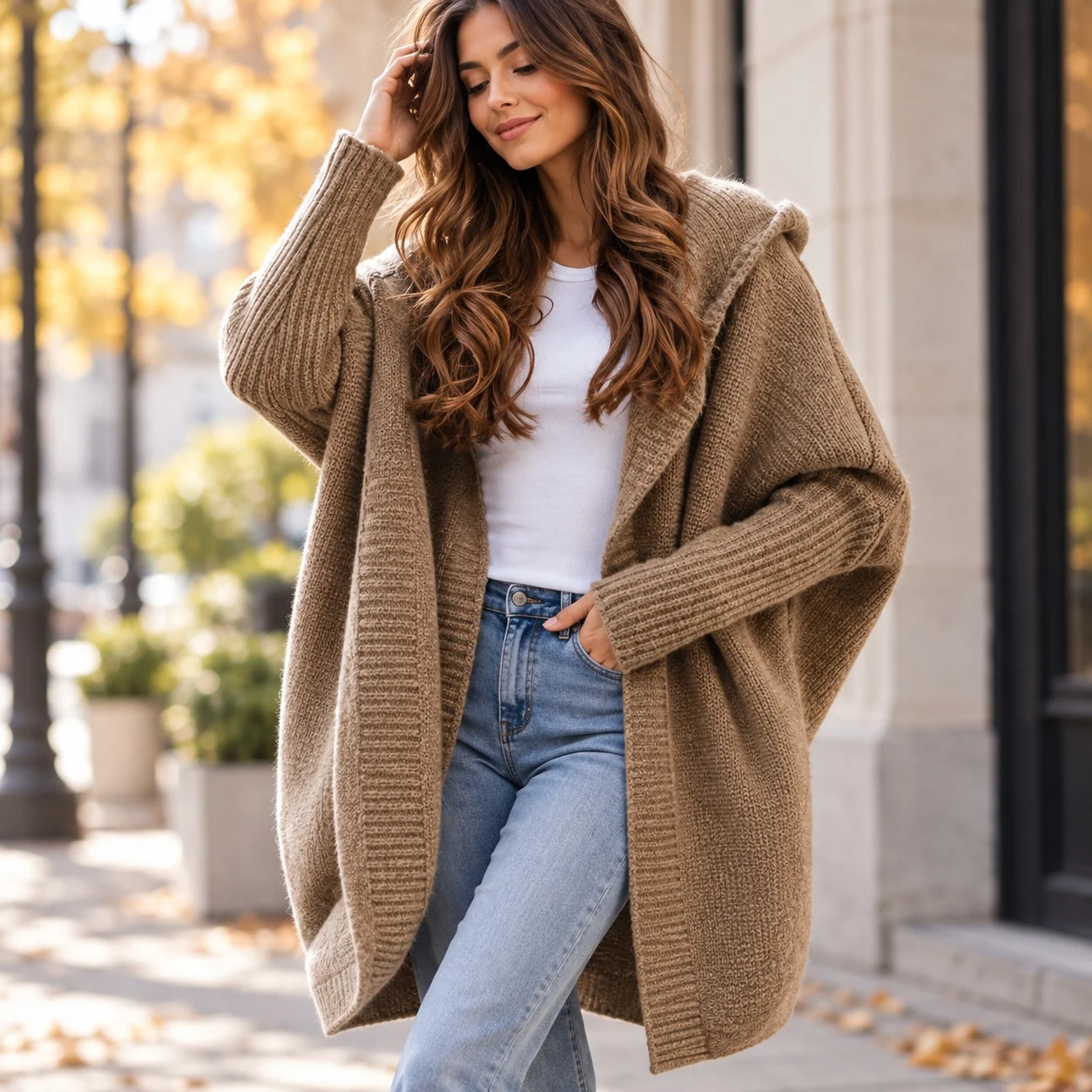 Hooded Patchwork Sweater Asymmetrical Elegant Commuter with Batwing Sleeve Mid Long Length Open Front Cardigan for Women
