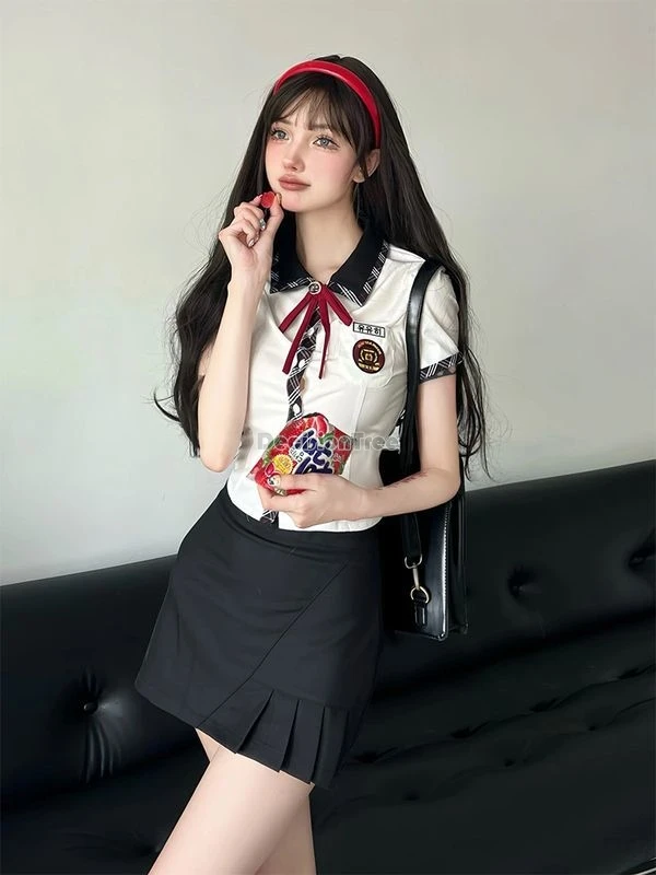 2024 improved korean uniform style women's fashion retro summer slimming short sleeve shirt short skirt preppy suit jk set b221