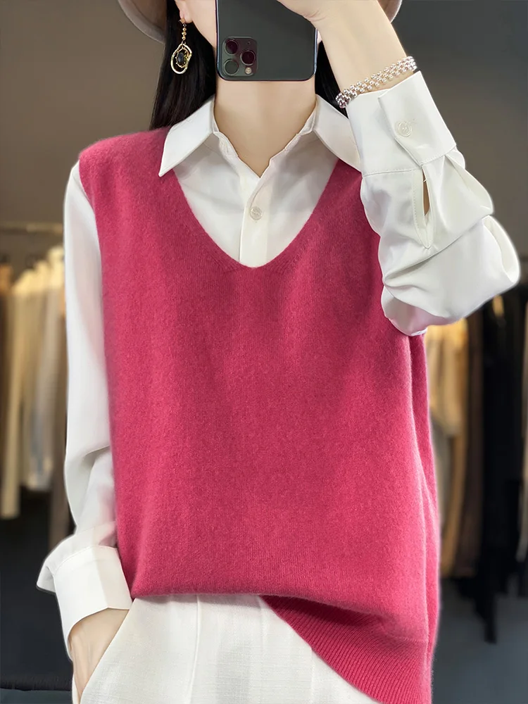 2024 Spring New Women V-neck Sleeveless Pullover Waistcoat 100% Merino Wool Sweater Soft Casual Cashmere Knitwear Korean Fashion