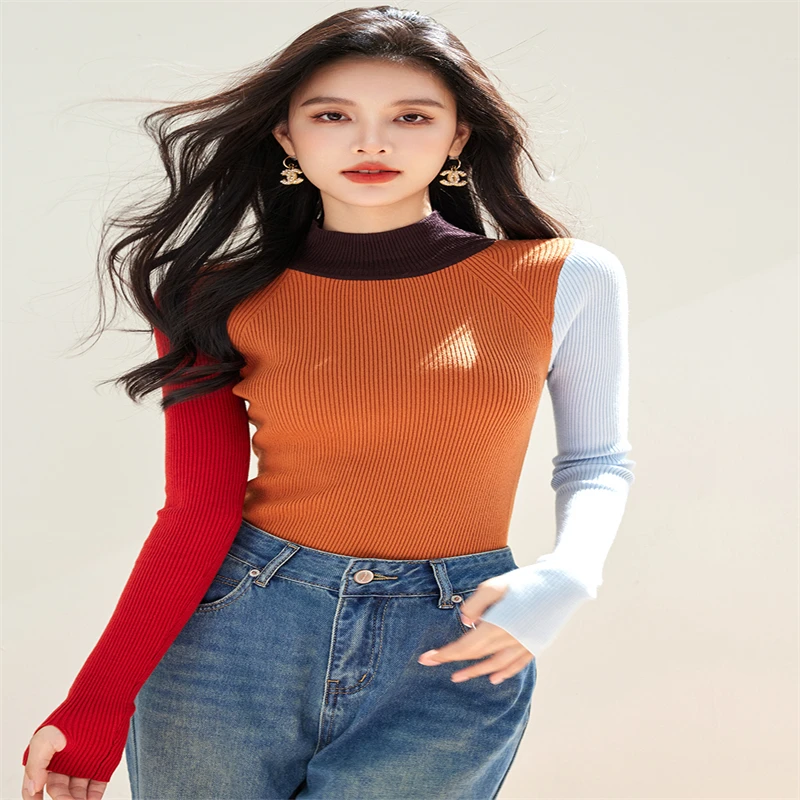 H Han Queen 2024 Autumn Winner Top Korean Colorblocking Elastic Simple Basic Knitwear Bottoming T-Shirt Women's Long Sleeve Tee