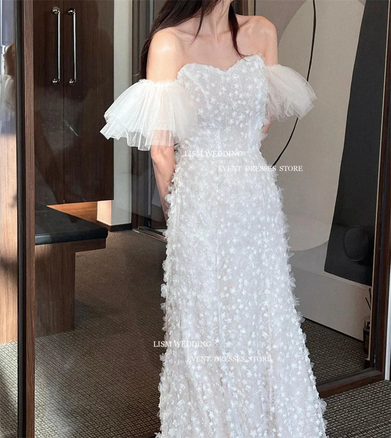 LISM Elegant Lace A Line Wedding Dresses Photo Shoot Short Sleeves Sweetheart Bridal Gowns Corset Back Formal Dress Korea Women