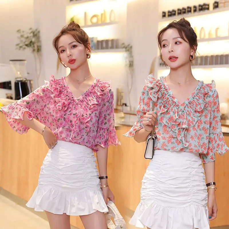 Women Summer Korean Fashion Slim Printing V-neck Short Sleeve Chiffon Shirts Ladies Office Lady All-match Appear Thin Trend Tops