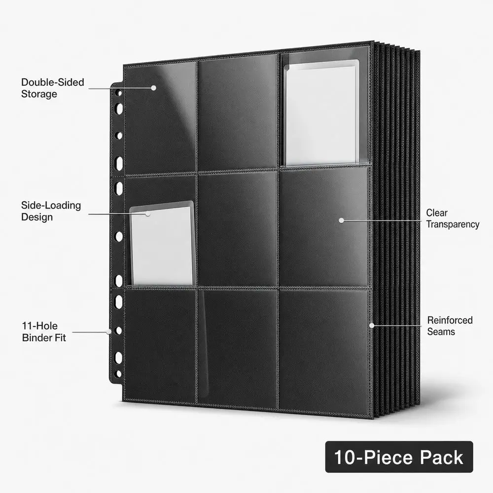 10Pcs 9-Pocket A4 Trading Card Binder Page Side-Loading Reinforced Seams Card Album Refill Page Transparent Double-Sided