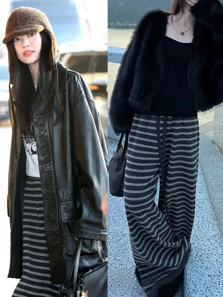 

Женские свободные повседневные брюки в полоску Ning Art: весна-осень-зима, струящиеся, с высокой талией, широкие штанины, для отдыха и прогулок