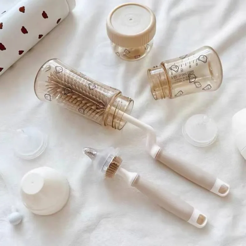 

Korean Ins Newborn Baby Bottle Nipple Brush Set Long Handle Silicone Cleaning Kit