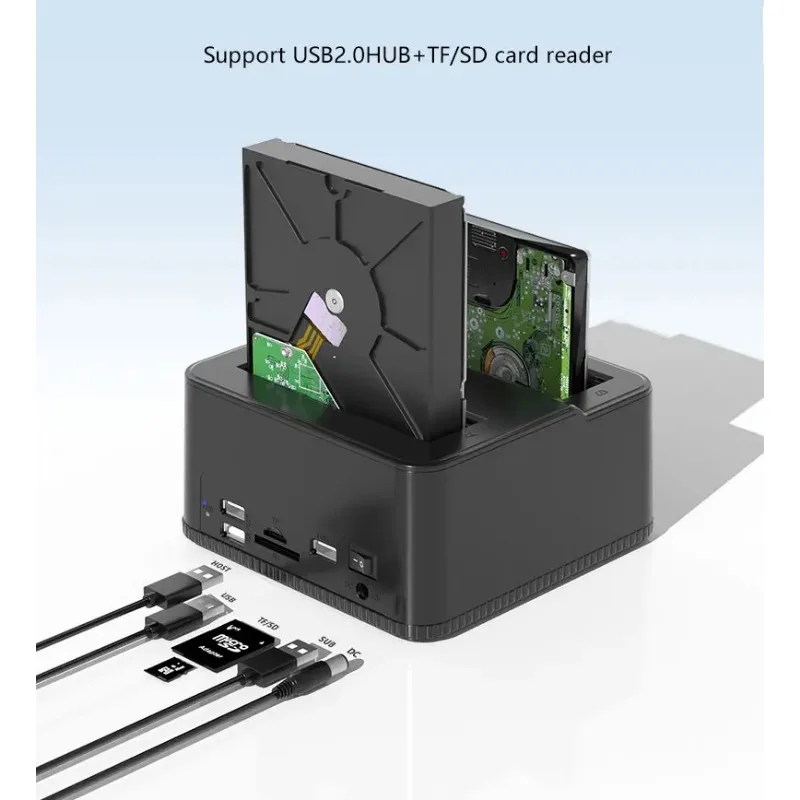 USB2.0 SATA Hard Drive Dock Enclosure, One Touch Backup 2.5 3.5 Inch HDD SSD Docking Station with TF/SD Card Reader for Desktop