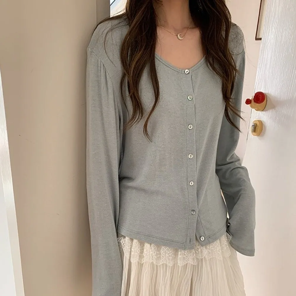 Leisure Lyocell Women's Cardigan V Neck Slim Knitwear Long Sleeve Top Stripe Basic Shirt Sunscreen Clothing Spring Summer