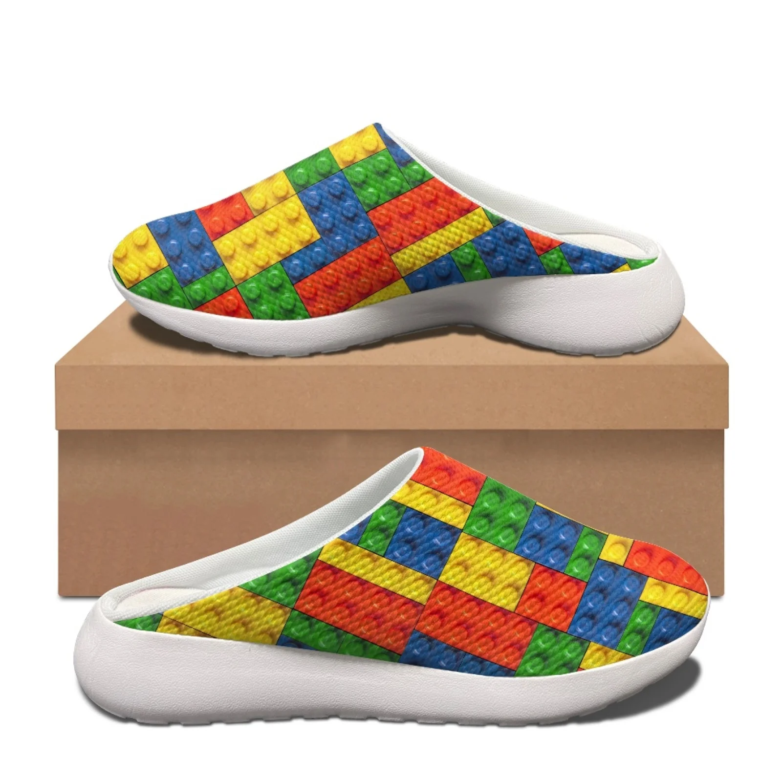 Colorful Brick Print Flats for Women and Men, Casual Half Shoes, Slip-On, Summer Beach Shoes, Loafers, Mules