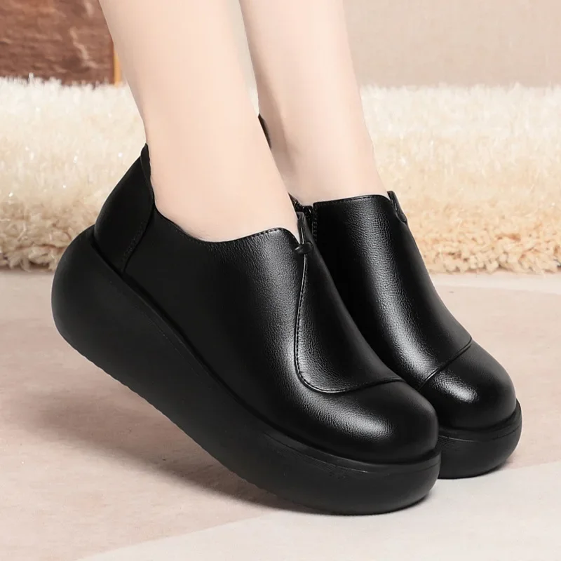 

6cm Vintage Breathable Comfortable Soft Leather Shoes Women Deep Mouth Shoes 2025 Spring Fall Flat Platform Shoes for Office Mom
