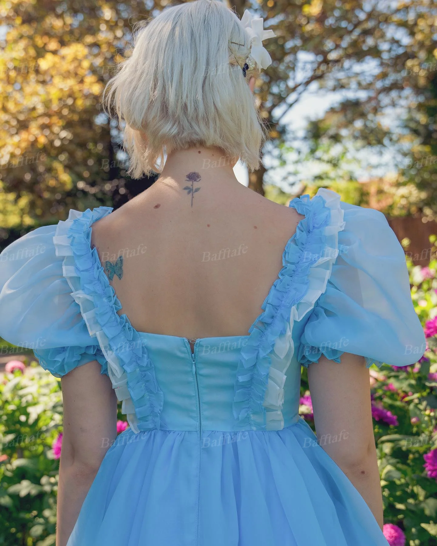 Vestidos de fiesta de graduación de manga corta de Organza azul de hadas bolsillos personalizados lazo de marfil flores plisadas vestido de fiesta para mujer vestidos de noche