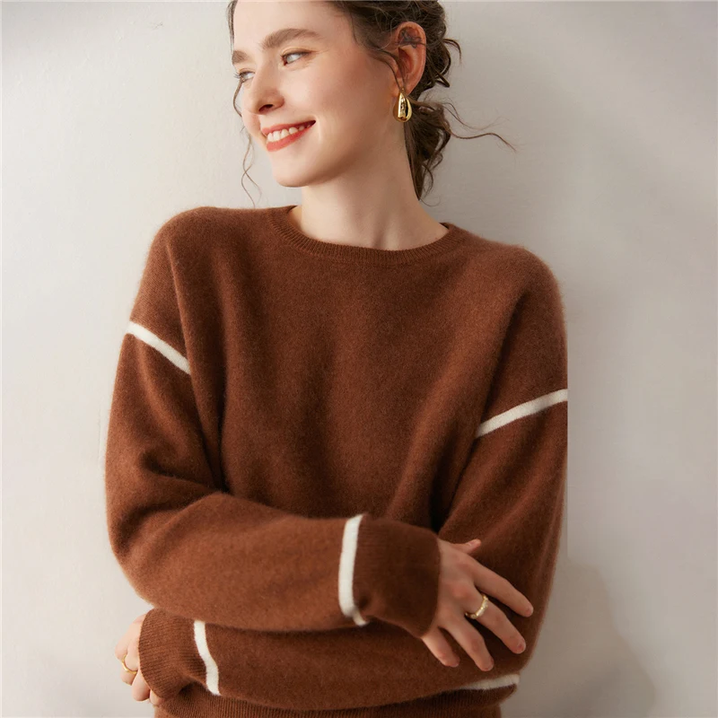 

Женский пуловер на осень/зиму, свитер из 100% чистого кашемира, повседневный вязаный свитер с круглым вырезом, свободные топы, базовая универсальная блузка
