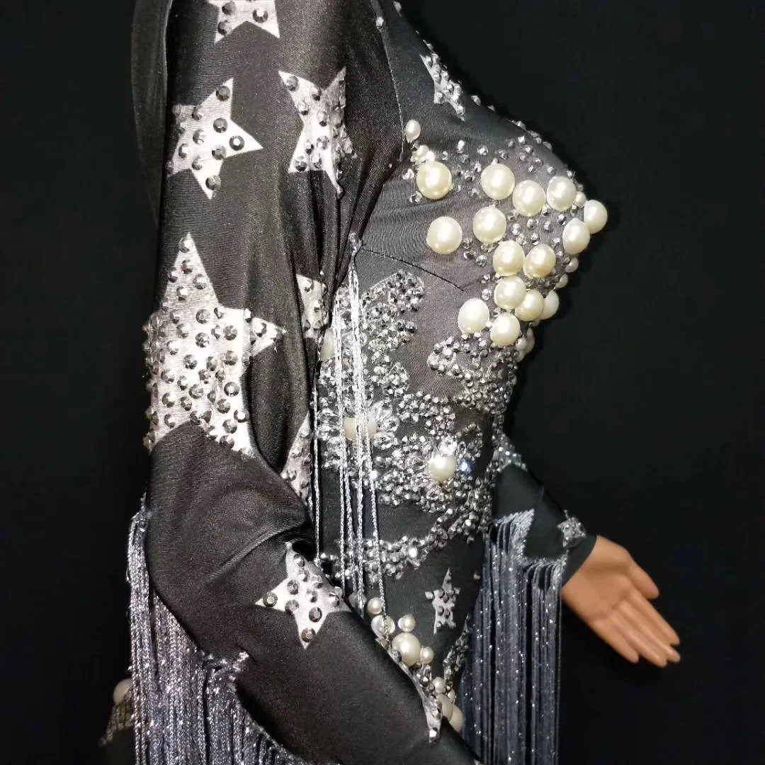 Black Shining Star Rhinestones Pearls Sexy Long Tassel Bodysuits For Women Party Carnival Drag Queen Outfits Stage Costumes