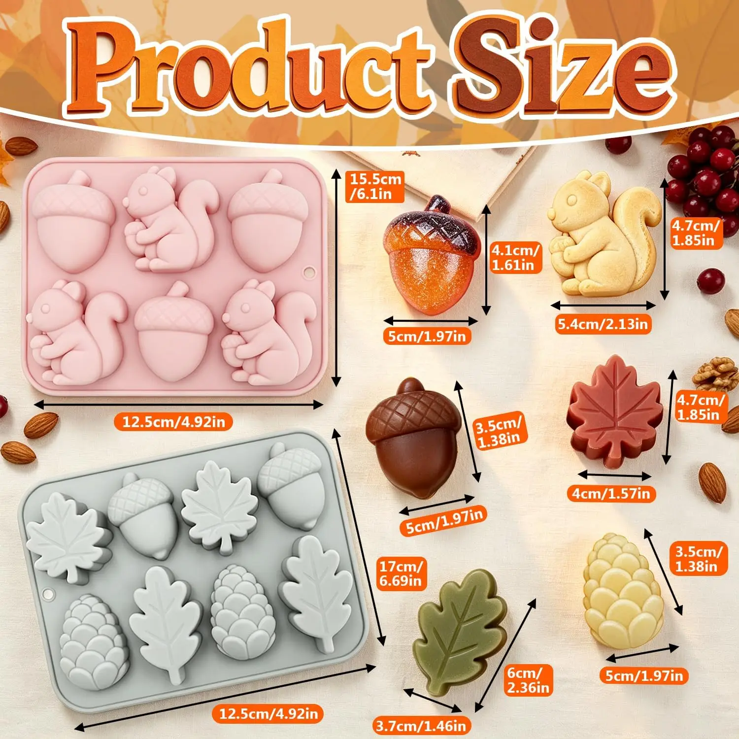 2 Pack Fall Silicone Molds, Thanksgiving Squirrel Acorn & Maple Pinecone Molds for Chocolate, Wax Melts, Soap & Epoxy Resin