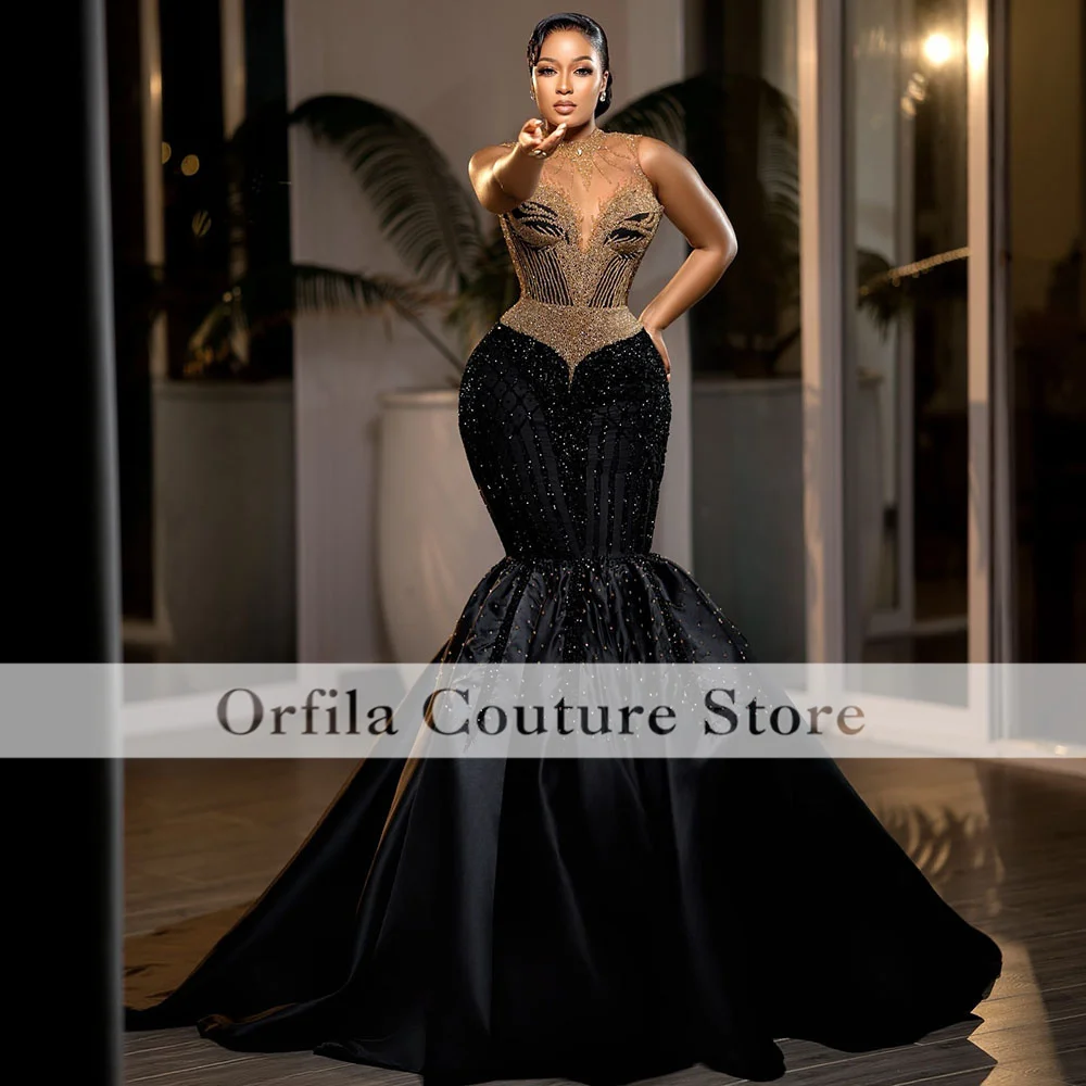 Major Beading Black Evening Dresses For Women Sheer Neck Prom Gowns African Aso Ebi Party Dress Vestidos De Novia Customized