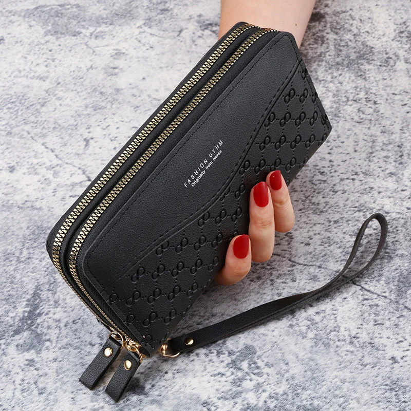 Solid PU Leather Women Wallets Long Double Zipper Coin Purses Female Brand Luxury Designer Clutch Phone Bag Carteras Para Mujer