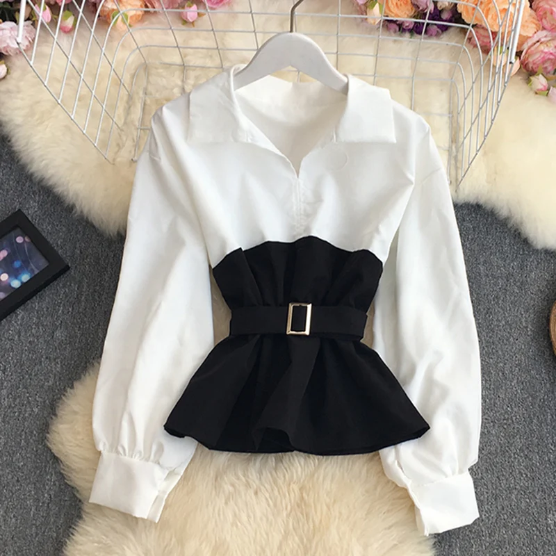 Long Sleeve Shirt Women Ladies tops Color Block Blouse Casual Belted Shirt Patchwork Cute Sweet Tops