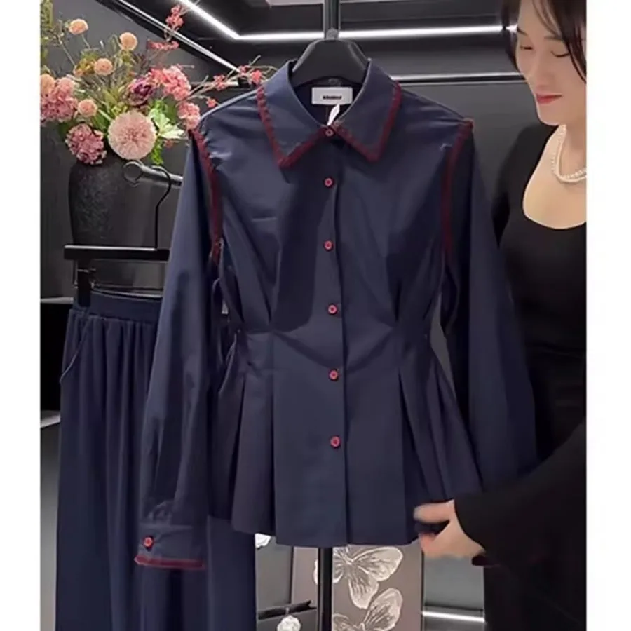 

Explosions Navy Blue Waist Shirt Women Blouse Spring Autumn New Coat Short Long Sleeve French High Sense Jacket Female Blouse
