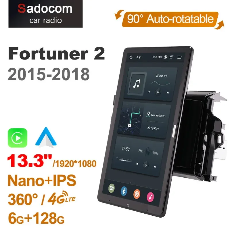 13.3 Inch 1920*1080 1 Din DSP Android 10.0 Car Radio for Toyota Fortuner 2 2015 - 2018 GPS Audio Player Auto Rotatable 4G LTE