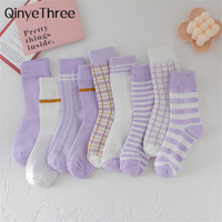 INS New Mori Girl Light Taro Purple Cotton Sokken Tide Summer Japanese Korean Striped Plaid Prairie Chic Tube Socks Preppy Style