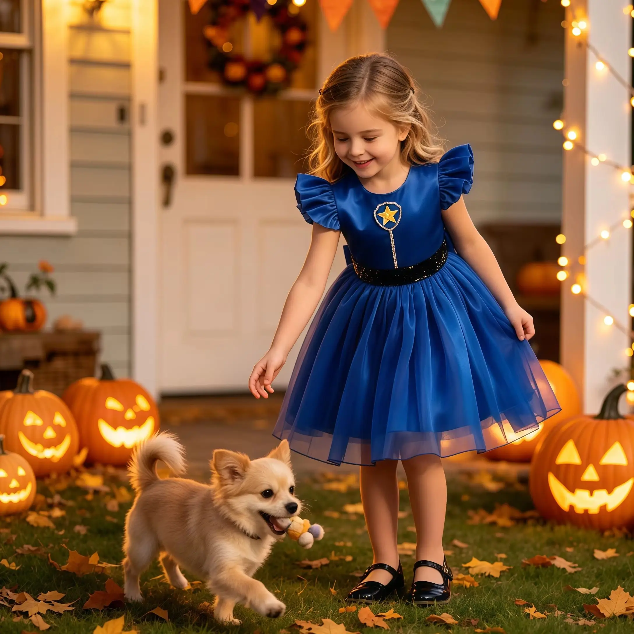 Disguise Movie Dog Leader Outfit Girls Blue Princess Dress For Children Carnival Halloween Birthday Party Performance Dress Up