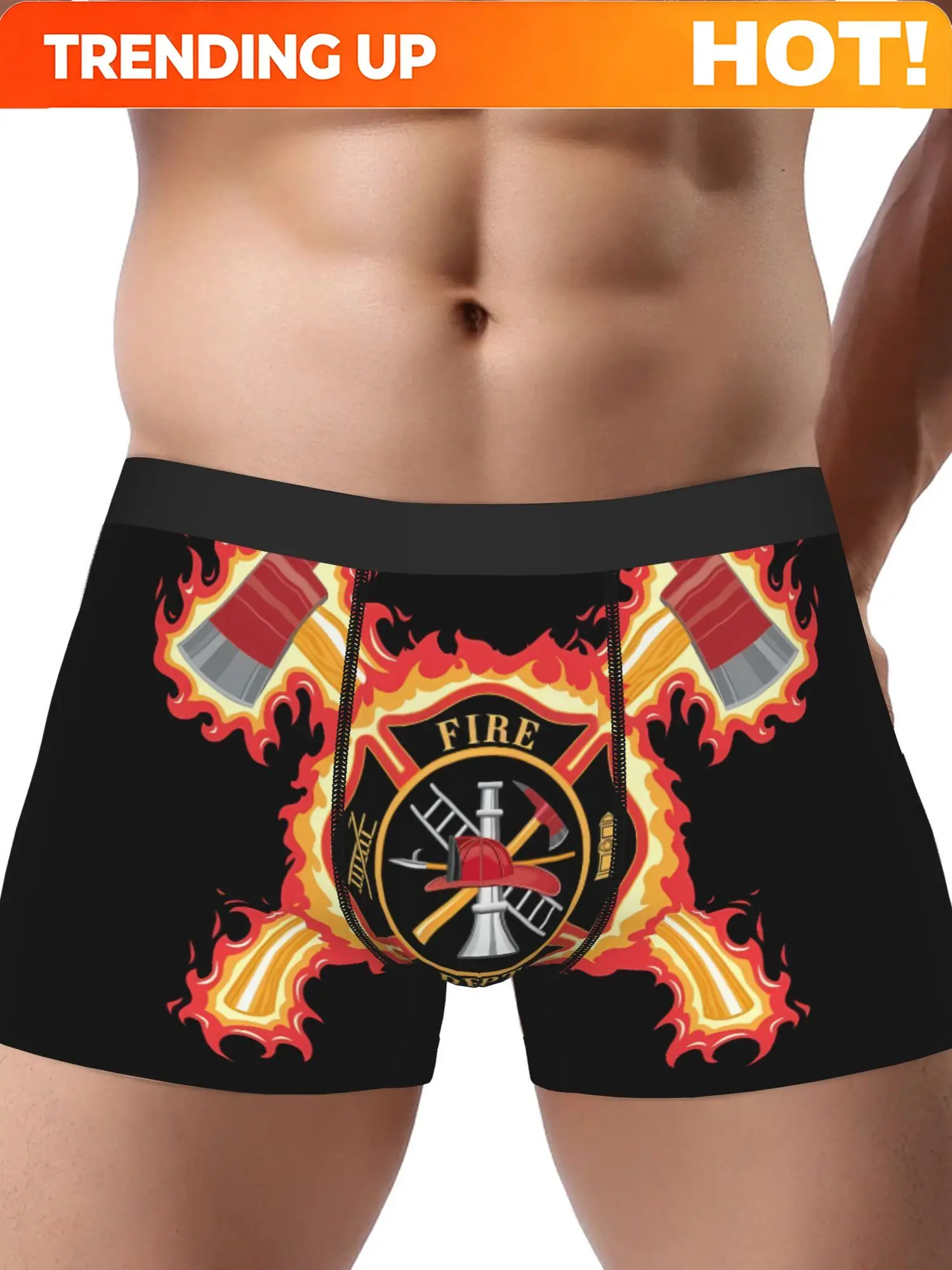 BIIHUDU Men's Firefighter Boxer Briefs - Fire Department-Inspired Underwear with Bold Flame Design, Non-Transparent Fabric for G