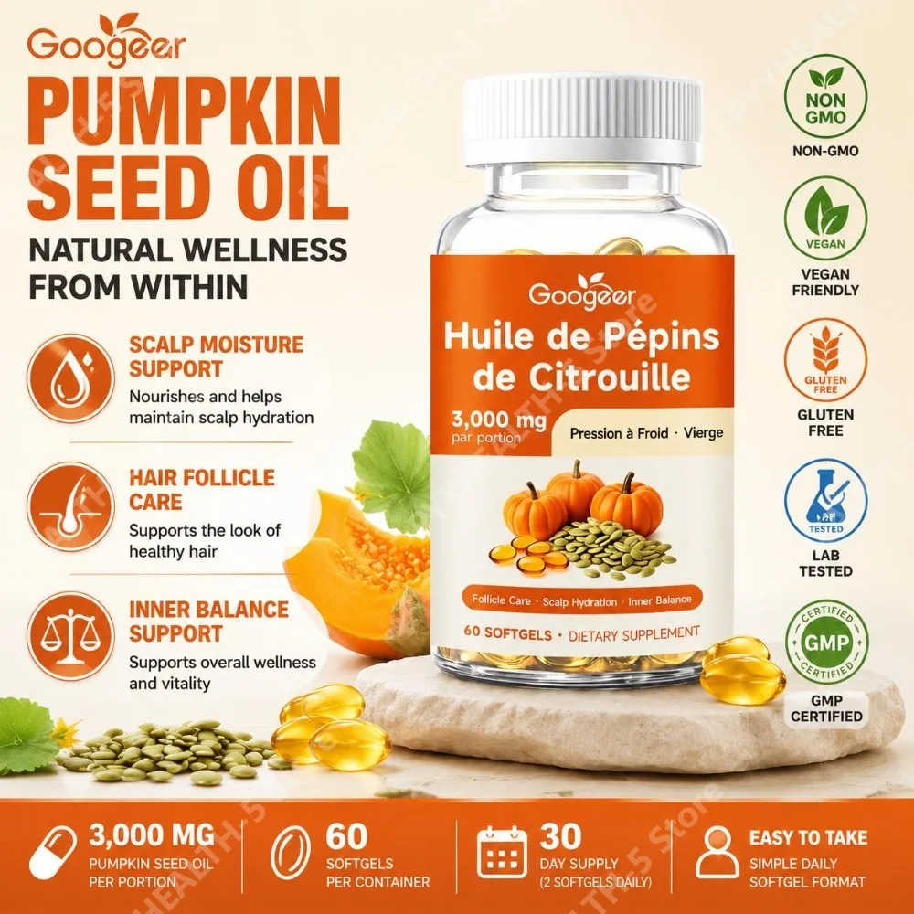 Googeer Pumpkin Seed Oil Softgels, Cold-Pressed Scalp Moisture Support for Hair Follicles, Inner Balance Support 60 Softgels