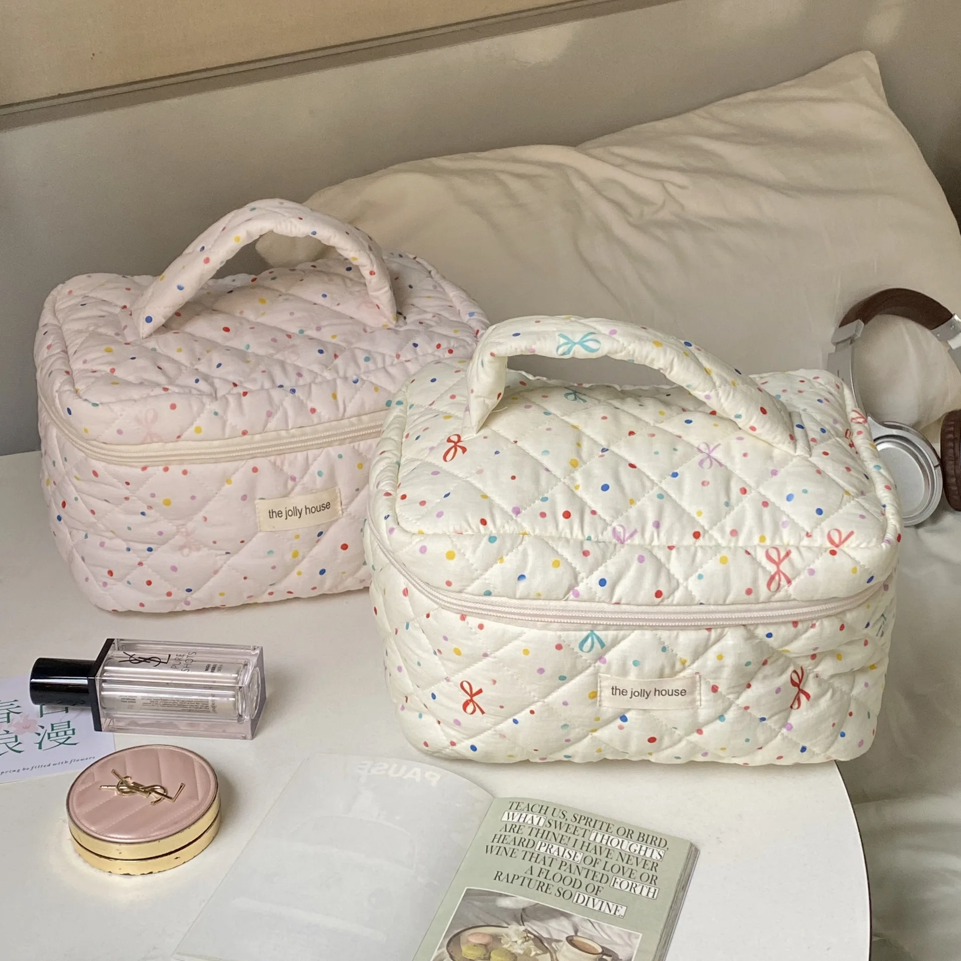 Cute Dot Print Quilting Cotton Makeup Bag Women Zipper Cosmetic Organizer Female Cloth Handbag Portable Toiletry Case for Girls