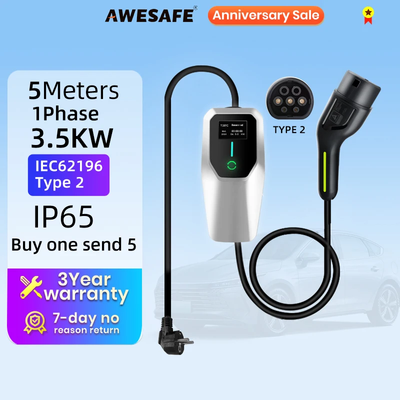Junsun Portable EV charger Type2 IEC62196-2 Wallbox 3.5KW to 22KW 6A to 32A 4Meters IP65 for Tesla Kia Hyundai Nissan Dacia