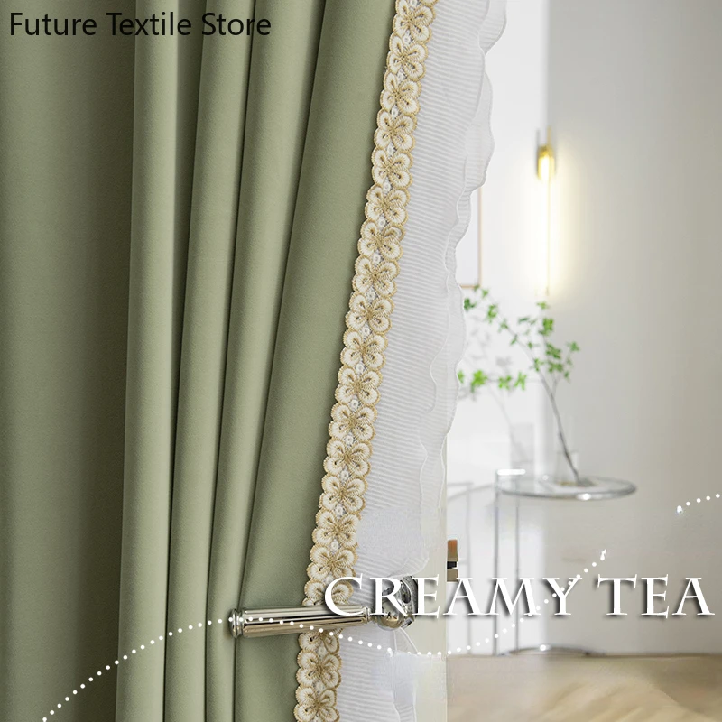 

French light luxury Curtains for Living room bedroom cream high-grade wool velvet blackout velvet velvet lace stitching American