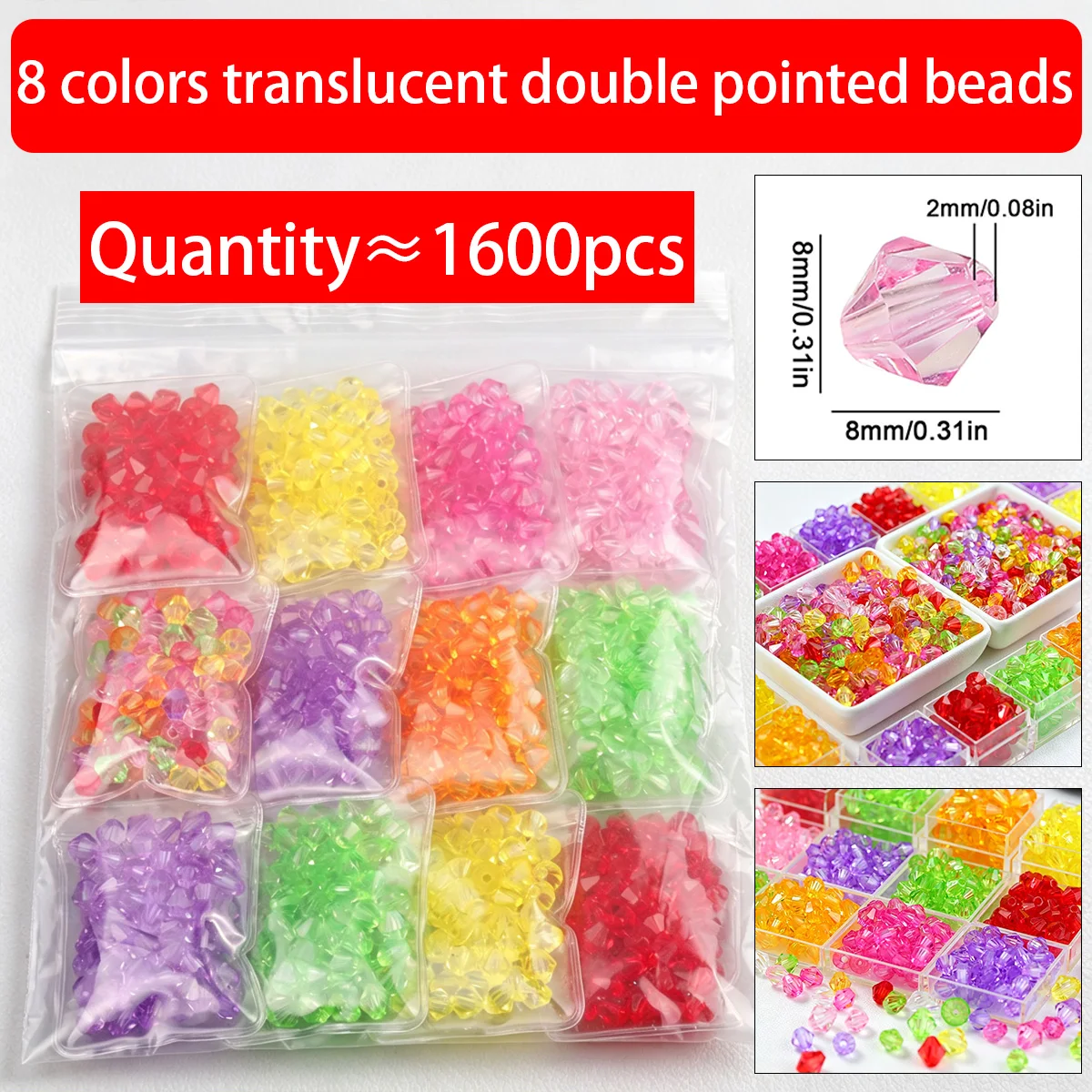 8mm 1600pcs 8 Colors Set transparent plastic bicone Loose Beads For DIY Handmade Bracelet Necklace Jewelry Making Accessories