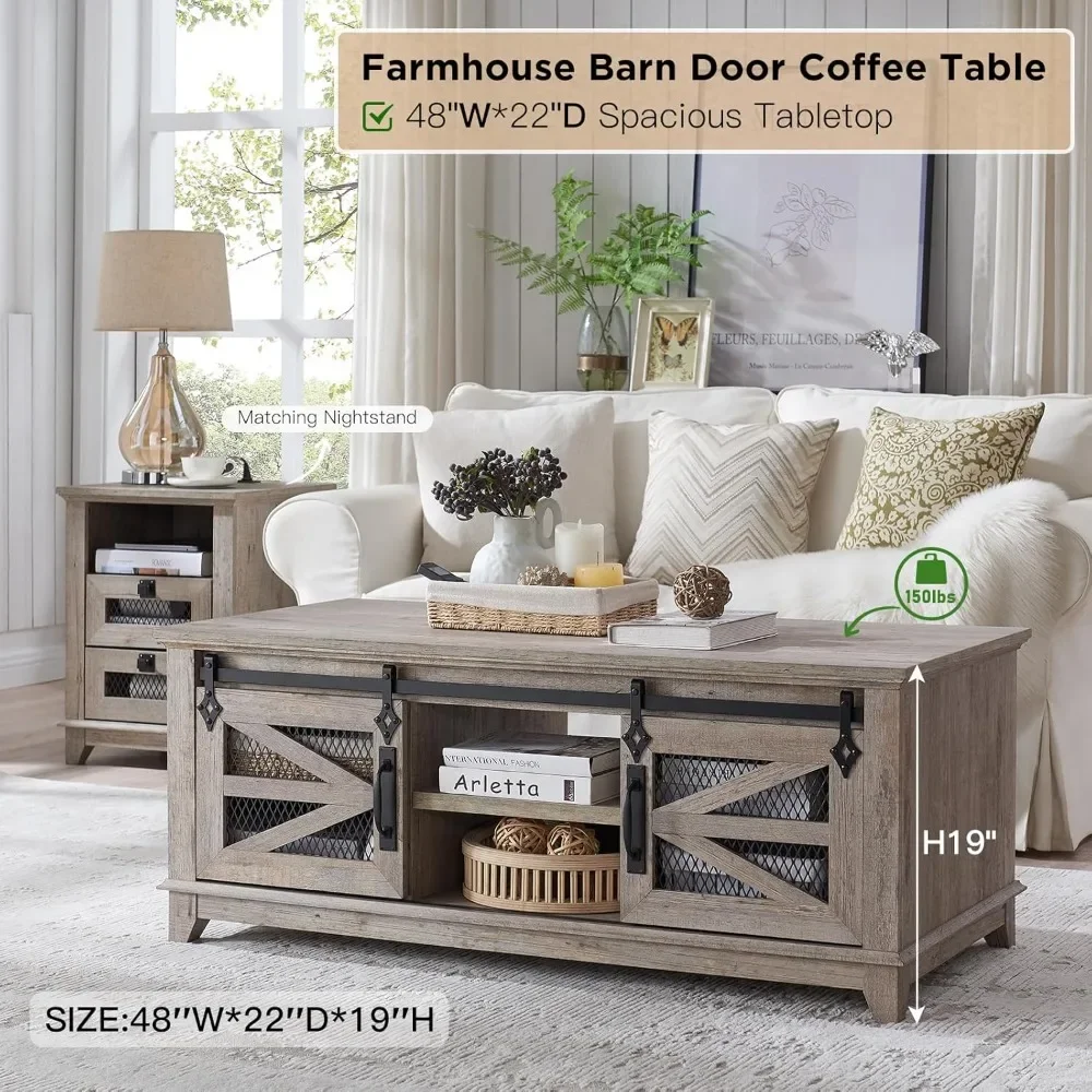 48'' Coffee Table with Storage & Sliding Barn Doors, Farmhouse & Industrial Cocktail Table w/Adjustable Shelves