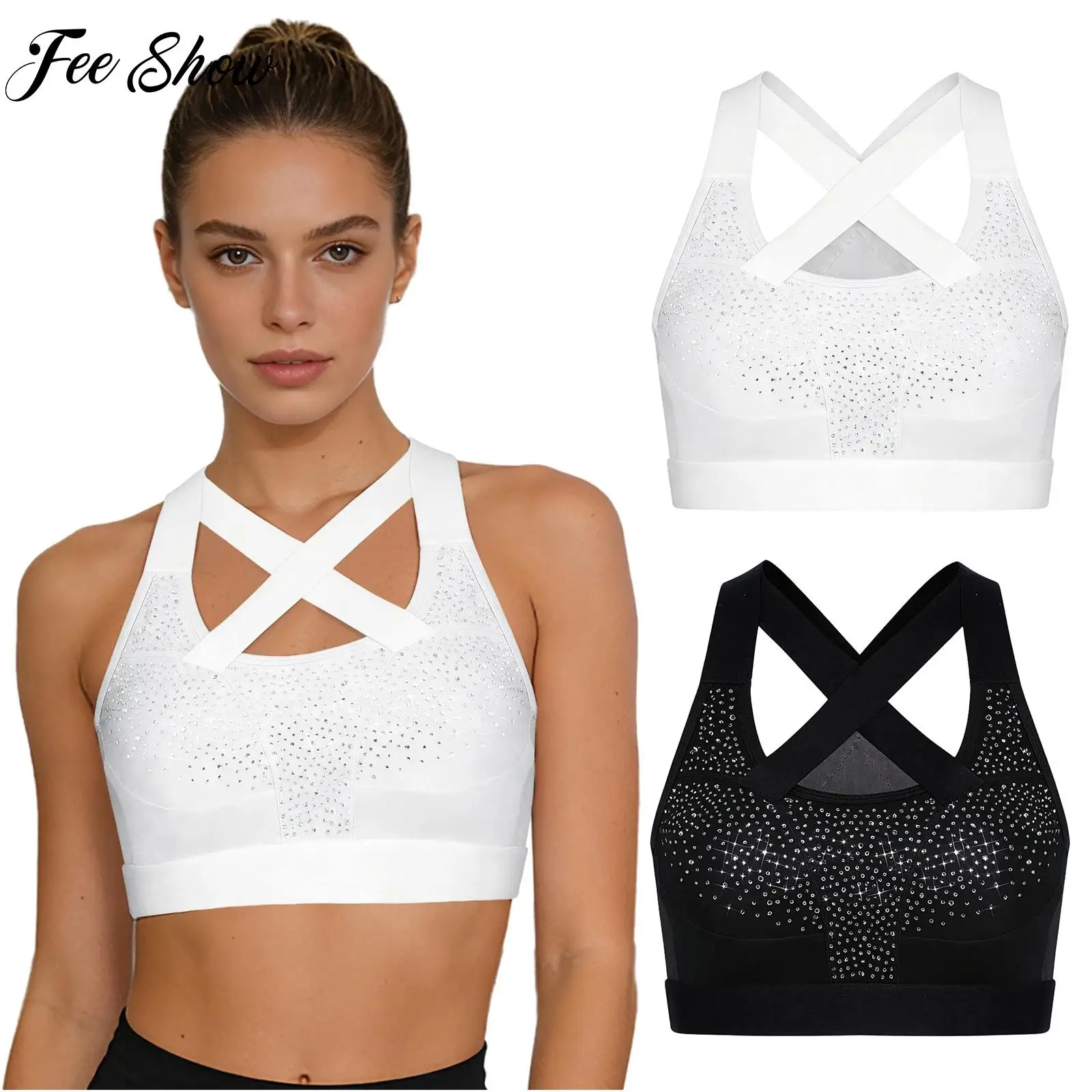 

Women's Workout Cycling Tops Cross Sports Bra Top Sleeveless Shiny Rhinestones Sheer Mesh Back Crop Top Yoga Gym Fitness Clothes