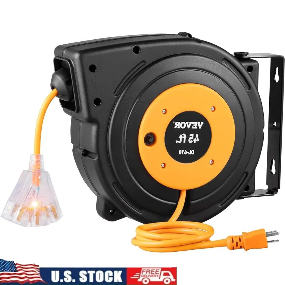 

Retractable Extension Cord Reel 45FT Heavy Duty 12AWG Power Cord Lighted Triple Tap Outlet 15A Circuit Breaker Garage Tools
