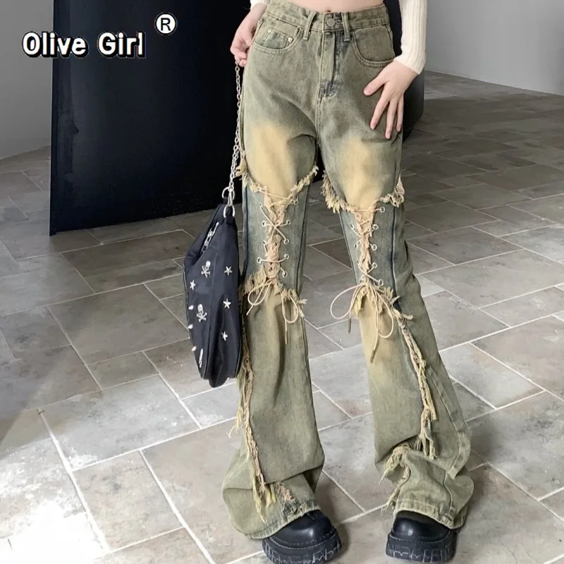 Plus Size Women's Jeans Trousers Strap Women's Denim Pants Vibe Bootcut Wide-legged Dragging Oversized Hot Sexy Girl Loose Pant