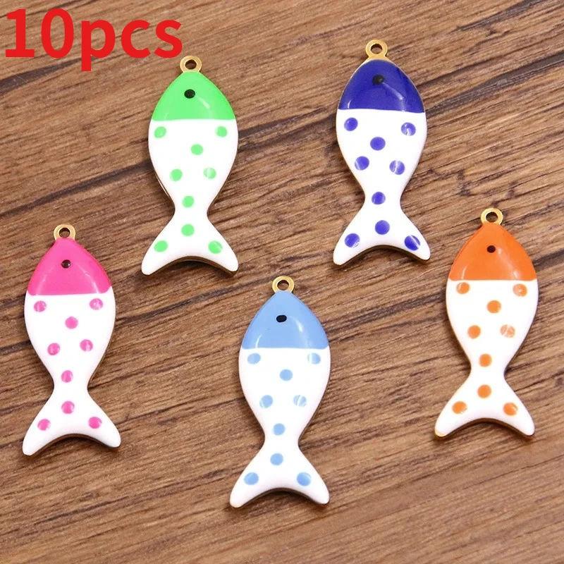 

10pcs Multi-color 12X31mm Stainless Steel Enamel Oil Drip Charm Pendant Double-sided Small Fish Pendant DIY Jewelry Accessory